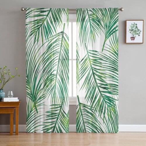 Green Leaf Tulle Sheer Window Curtains for Living Room Kitchen Children Bedroom Voile Hanging Curtain