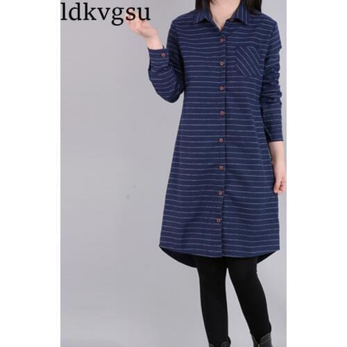 2020 Spring Autumn Coat Retro Plus Size Women Cotton Linen Stripe Loose Long Blouse Casual Long-sleeved Shirt Female Jacket A424
