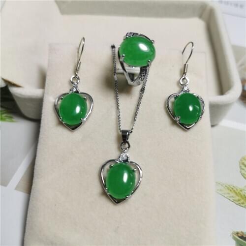 Fine jewelry Silver Jewelry Sets CZ Natural Green Jade Emerald Necklace/Earrings/Ring Silver 925 Jewelry Wedding Party Best Gift