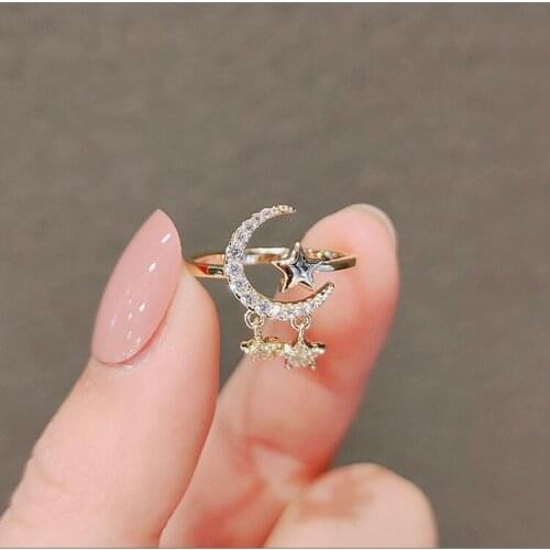 Womens Star Moon Rings Shine White Zircon Tassels Rings for Womens Adjustable Ring Bridal Rings Wedding Jewelry Accessories