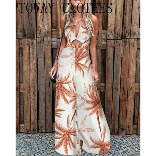 Summer Women Palm Leaf Print Cutout Wide Leg Jumpsuit Casual Jumpsuit Look for Women 2021