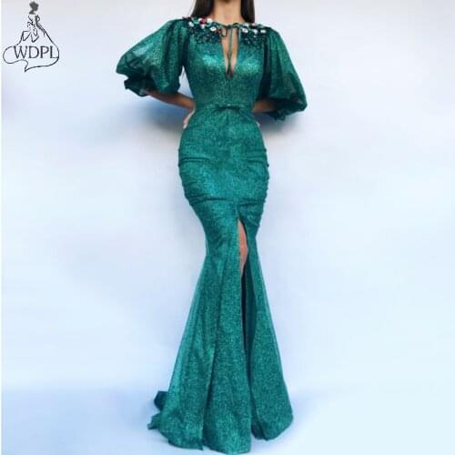 Hunter Green Sexy Mermaid Evening Dresses Front Slit Trumpet Short Sleeve Chic Formal Prom Dress 2020 Long Gown robe de soiree