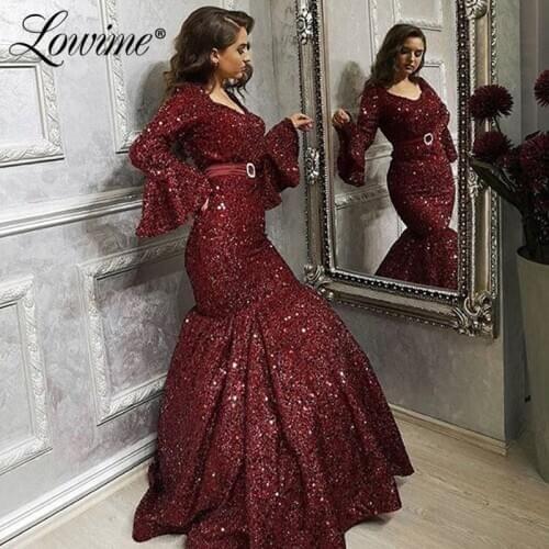 Abendkleider Mermaid Evening Gown Floor Length Dubai Arabic Sequin Party Dresses 2020 Formal Long Sleeve Prom Dresses Vestidos