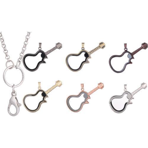 1pcs Alloy guitar no Rhinestone Magnetic Glass Lockets Living Memory Floating Charm necklace Women with 60cm chain