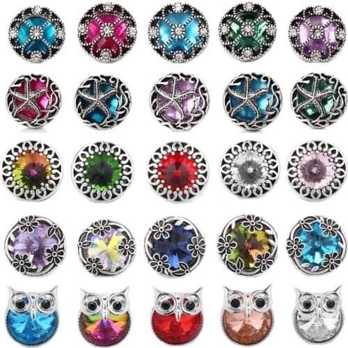 5Pcs/Lot New Snap Jewelry High Quality Hollow Box Crystal Flower Starfish Owl 18mm Snap Button Bracelet DIY Ginger Charm Jewelry