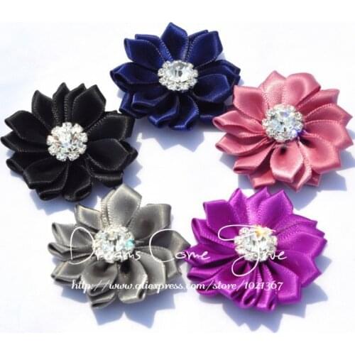 50pcs/lot 2" 17Colors Vintage Lovely Satin Ribbon Artificial Fabric Flowers+Bling Rhinestone Buttons For Girl Hair Accessories