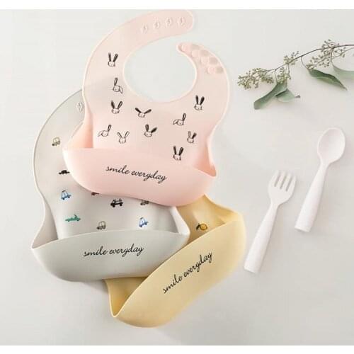 Baby Bibs Silicone Waterproof Soft Cute Cartoon Print Baby Feeding Stuff Dinosaur Pattern Kids Girl Boy Adjustable Children Bib