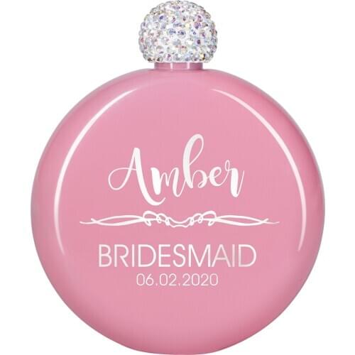Custom LOGO Women Hip Flask 5oz Stainless Steel Pocket Liquor Flask with Rhinestone Cap Cute Girl Perfect Gift for Bridesmaid