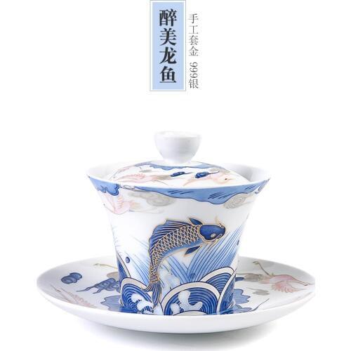 Auspicious dragon fish ceramic cover bowl tea cup blue and white porcelain tea bowl big size tureen household Kungfu teacup