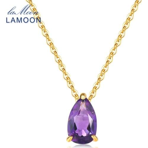 LAMOON 100% Natural Amethyst Pendant Necklace For Women Water Drop S925 Silver Yellow Gold Plated Fine Jewelry Gift LMNI072