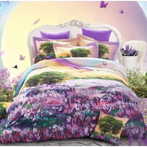 Fashion 100% Cotton Sanding Printed Flower Bedding Set Wedding Bed Sheet set Duvet Cover Pillowcase Queen King 4pcs purple tulip