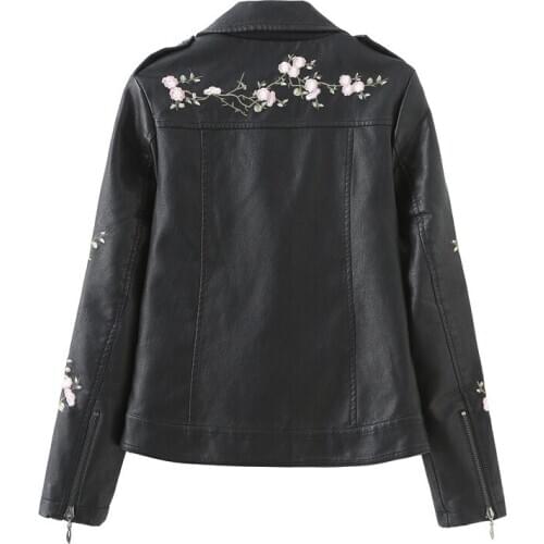 New Embroidery Black 2020 PU Motorcycle Jacket Women Korean Biker Faux Leather Coat 7712 KJ4091