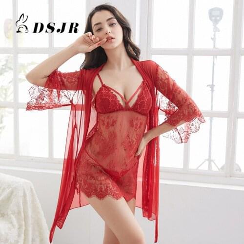 New Sexy Hot Underwear Fashion Loose Lace Sleepwear Robe Ladies Erotic Lingerie Cotton Pad Suspender Nightdress Three-piece Suit