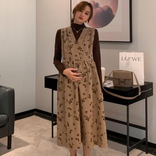 Autumn Winter Maternity Dresses Casual Pregnant Clothes Fashion Pregnancy Dress For Women Floral Print Maternity Clothing 2 pcs