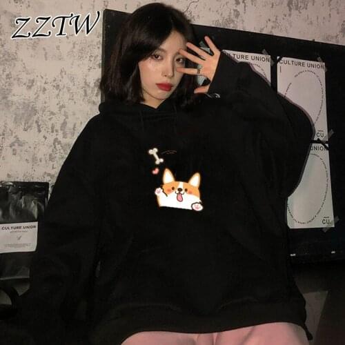 Autumn Women Corgi Dog Print Kawaii Hoodies O Neck Plus Velvet Solid Colors Sweatshirt Japanese Harajuku Style Poleron Mujer