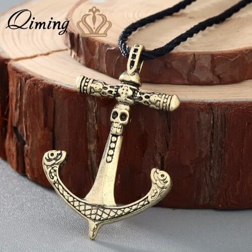 QIMING Slavic Skeleton Anchor Necklace For Men Cletic Vintage Statement Jewelry Skull Totem Thomas Sea Corsair Pirate Necklaces