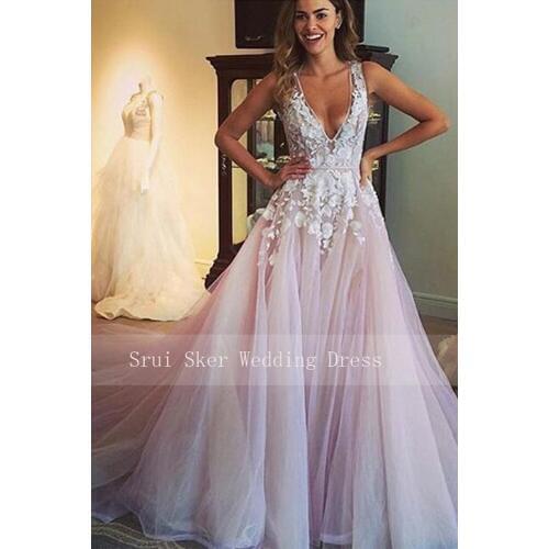 Sexy V-Neck Tulle Wedding Dreses Long Train Cudtom Made Applques Bridal Dress Vestido De Noiva