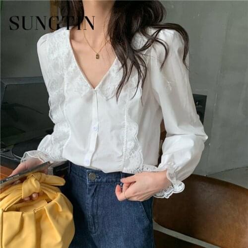 Sungtin Sweet Lace V Neck Blouses Women Summer Puff Sleeve Solid Blouse Shirts Korean Fashion Kawaii Long Sleeve Button Up Shirt