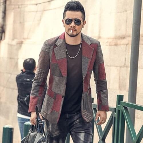 Spring Stitching Plaid Retro Red Suit for Men Casual Suit Grey Plaid Slim European Style Business Blazer Men Wedding Suits S-2XL