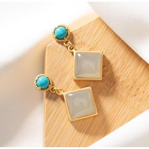 New silver inlaid natural Hetian sapphire Turquoise Square Earrings Chinese style retro palace style womens charm jewelry