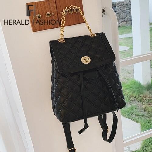 Herald Fashion Women Leather Backpack Plaid School Bag For Teenage Girls Vintage Chain Female Drawstring Travel Bagpack Mochila