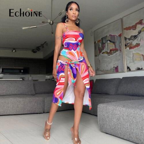 Echoine Women Beach Bikini Set Sexy Print Sling Sleeveless Backless Lace-up Bodysuit With Cover Up Lace-up Half Skirt Summer