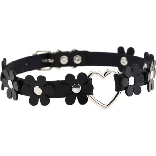2021 Fashion Punk PU Leather Heart Choker Necklace Women Gothic Statement Flower Necklaces Cosplay Harajuku Jewelry