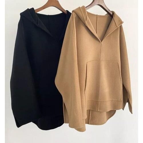 Women Side Slit Coat Loose Wool and Cashmere-Blend V-Neck Hooded Jacket Outwears 2021 Spring