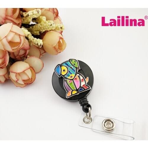 10pcs Good Price Cute Dog Animal Shape Retractable ID Badge Holder Multicolor Enamel Dog Decorative Clip Badge Reel