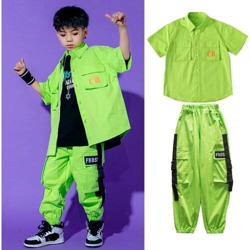 2021 Hip Hop Dance Clothes For Kids Green Crop Tops Loose Pants Hiphop Outfits Boys Jazz Modern Dance Wear Rave Clothes DQS7471