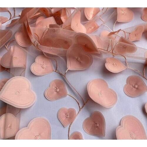3D Cherry Pink Tulle lace Fabric Multi-layers Love Heart Bridal Fabric For Wedding Backdrop, Baby dress ,Princess Party Dress