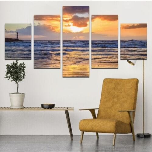 Home Decoration Wall Art Frameless 5Pcs Painting Canvas Printing Lake Sea Mountain Sky Sunset Scene HD Picture Decoration Painti