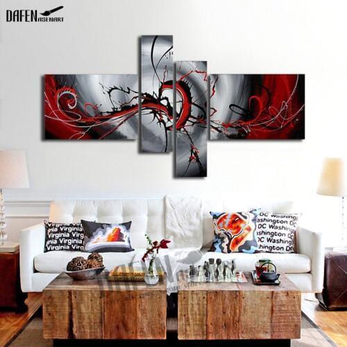 Unframed 4pcs Hand Painted Abstract Oil Painting Canvas Red and Gray Wall Picture Abstract Canvas Paintings Home Decor Art
