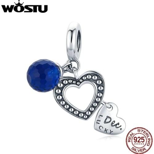 WOSTU Beads 925 Sterling Silver Blue Enamel December Birthstone Charms Pendant Fit Original Bracelet Fine Jewelry Gift BKC1721