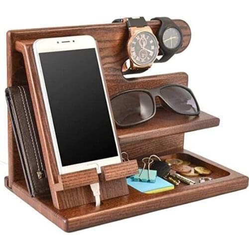 NHBR Wood Phone Docking Station Ash Key Holder Wallet Stand Watch Organizer Men Gift Graduation Male Travel Idea Gadgets