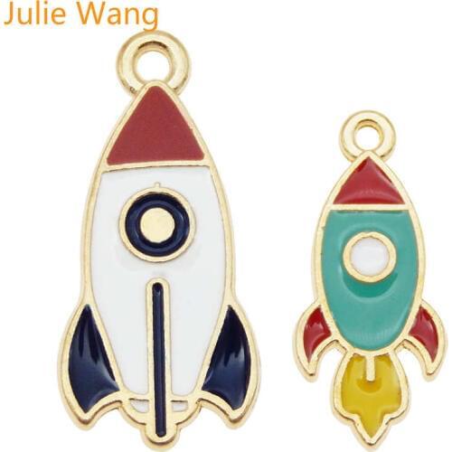 Julie Wang 4PCS Enamel Space Rocket Charms Alloy Aviation Gold Tone Necklace Bracelet Earrings Jewelry Making Accessory