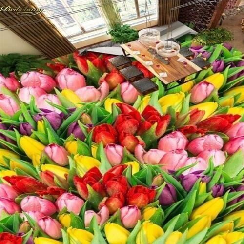 Beibehang Custom Photo Wallpaper Floor Painting Aesthetic Color Tulip Floral 3D Floor papel de parede