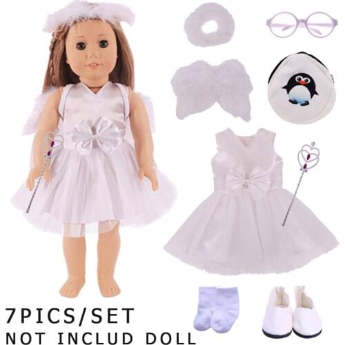 Doll Clothes White Angel Skirt With Wing Magic Wand For 18Inch American Doll Gift&43cm Baby New Born Doll Accessories Girls Toys