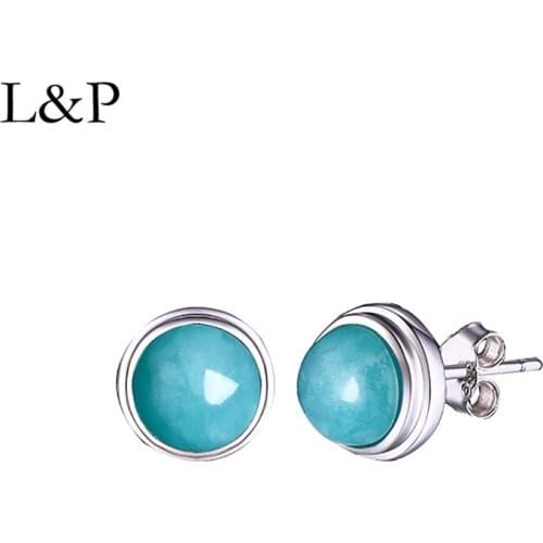 L&P Luxury Natural Amazonite Round Stud Earrings For Women Pure 925 Sterling Silver Fine Jewelry For Elegant Wedding Anniversary