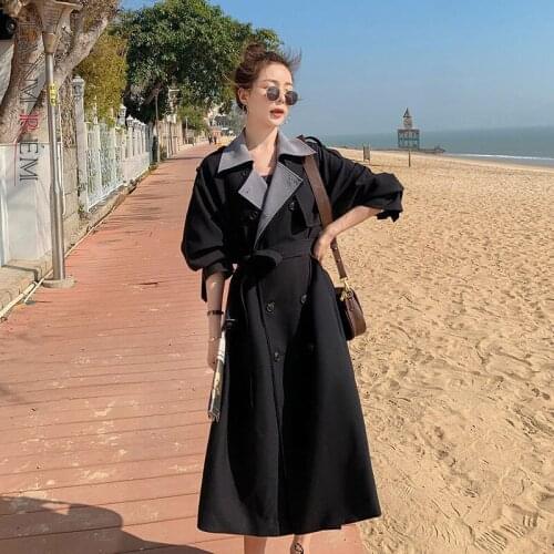 LANMREM Women Trench New Lapel Long Sleeve Loose Fit Windbreaker Fashion Tide Autumn 2021 Black Color Casual Coat 2W197