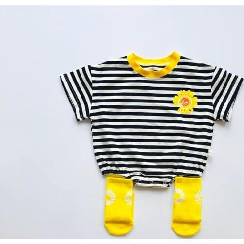 0-18 Month Baby Girls Summer Clothes Short Sleeve One Piece Tops Striped Triangle Jumpsuit with Socks Girls Daisy Romper Suits