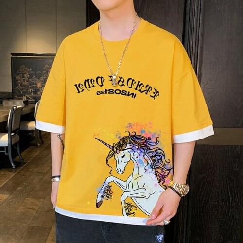 2021 Summer Top New Unicorn Short-Sleeved Mens Fake Two-Piece Korean Fashion Loose Printed Shirt O-Neck Half-Sleeve Base Shirt