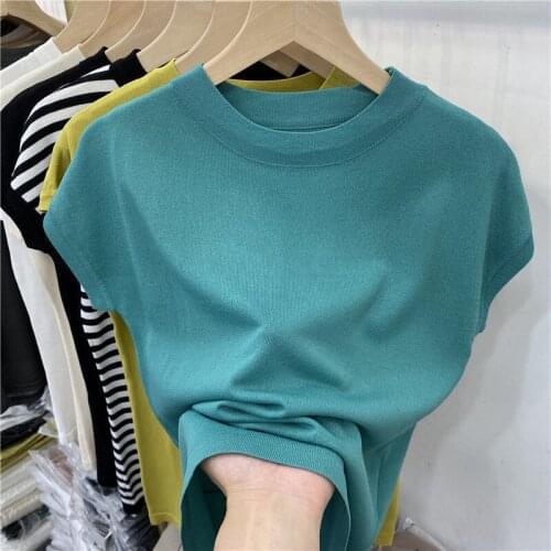 Girls Fashion Slim Fit Short Sleeve Green T-shirt Women Summer Knit Top Oversized T Shirt XXL Office Wear OL Knitwear Tshirts