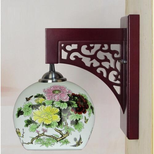 Chinese Style painting Ceramic Bedroom Bedside Wood Wall Light Study Room Wall Lighting Fixtures Corridor Wall Lamps