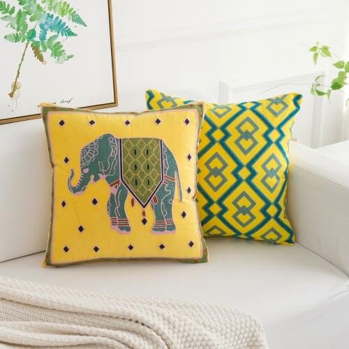 Cushion Cover Yellow Grey Elephant Geometric Circle Cotton Square Embroidery Pillow Cover 45x45cm Home Decor