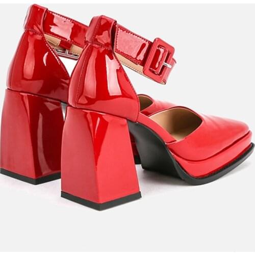 MUMANI Woman‘s 2021 New Two-Piece D'Orsay Pumps Square Heel Genuine Leather Buckle Strap Super High Red Shallow Lady Footwear
