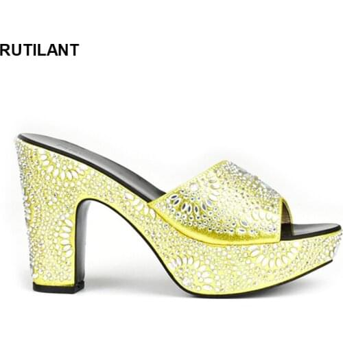 New Arrival Yellow Color Women Shoes Decorated with Rhinestone African Party Shoes Slip on High Heels Ladies Shoes for Wedding