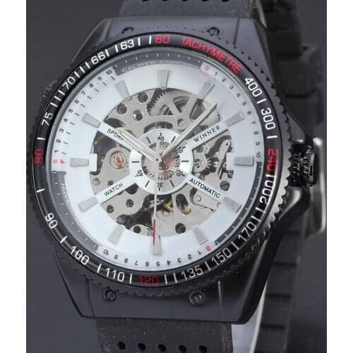 WINNER Sports Black Dress Perspective Mechanical Self Wind Hombre Montre Fashion Men Waterproof Silicone Wrist Watch