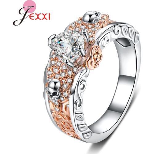 Gothic Punk Ring for Men Retro Skeleton Devil Male Jewelry 925 Sterling Silver Skull CZ Crystal Rhinestone Fashion Bague