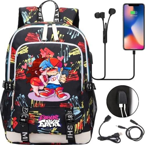 Anime Friday Night Funkin Student USB Charging Laptop Backpack Boys Girls Daily Travel Backpacks Teenager College Rucksack